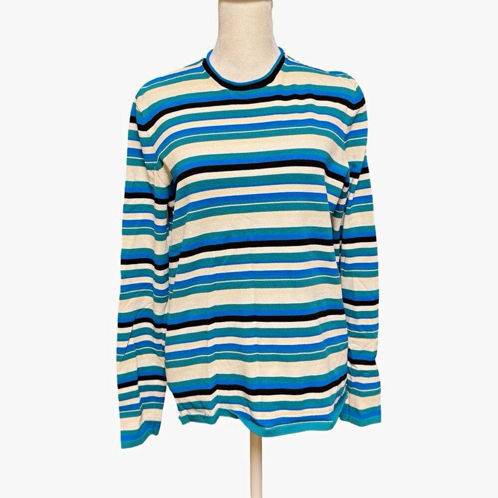 Theory Blue Teal White Black Striped Knit Crewneck Pullover Sweater Womens S